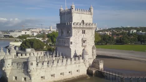 The-famous-Tower-of-Belem-from-side-in-Lisbon,-Portugal