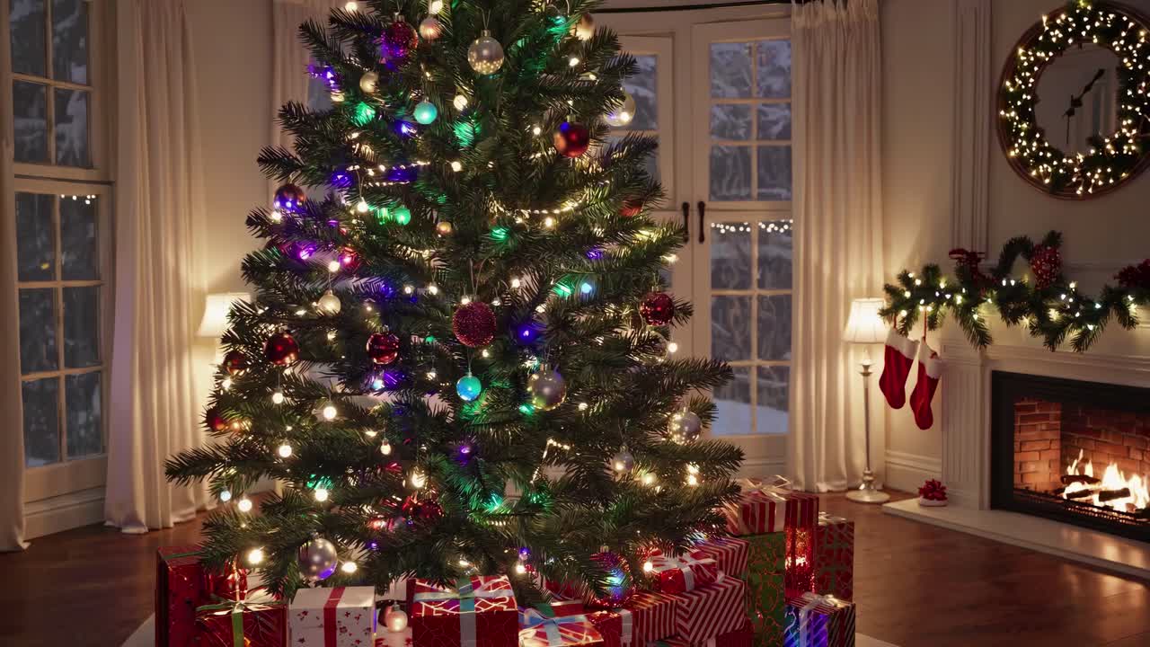Cozy Christmas living room scene with a decorated tree and gifts, captured from a low angle