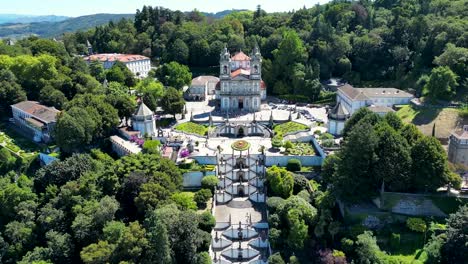 Bom-Jesus-do-Monte-Sanctuary-in-Braga,-Northern-Portugal,-aerial-shot-on-a-sunny-day,-Centered-Shot