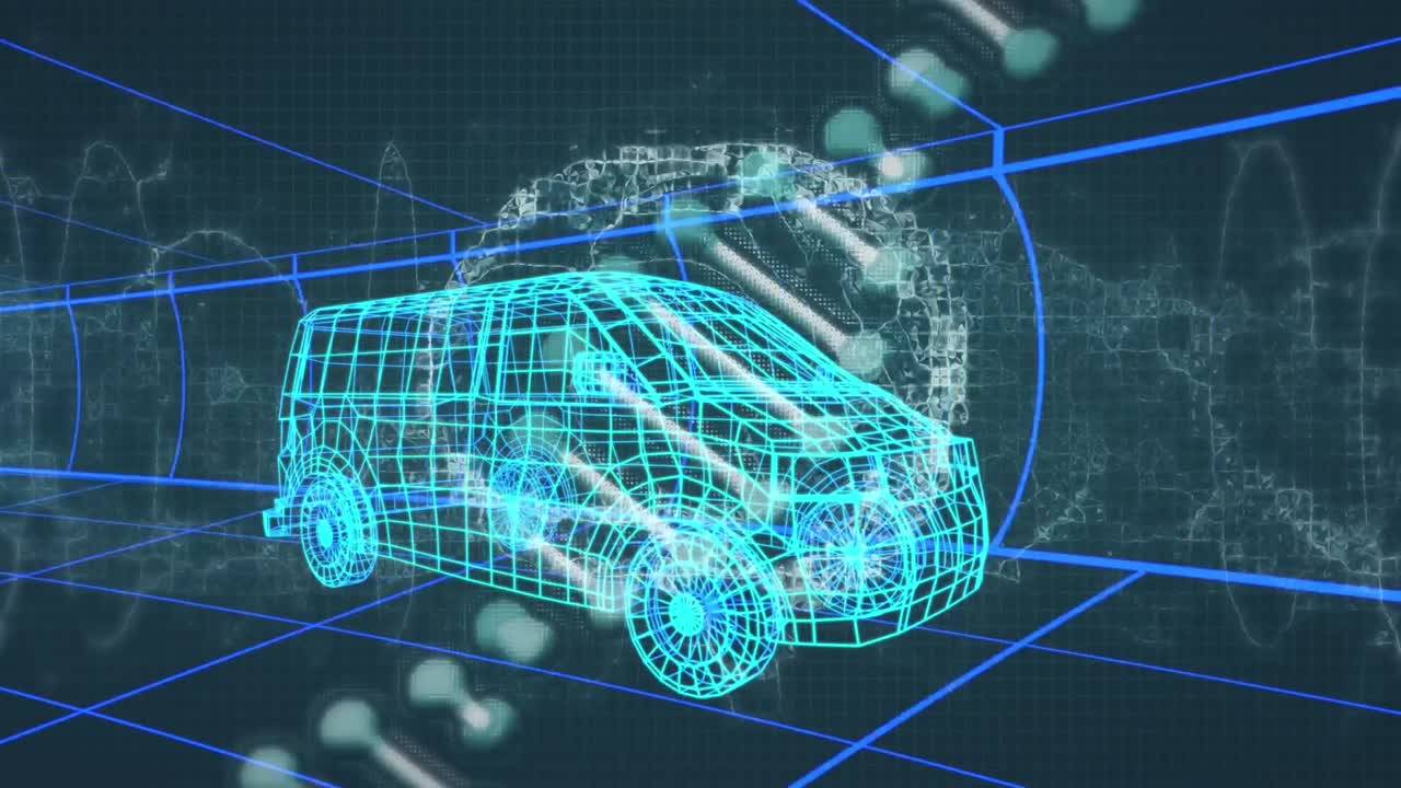 animación de cadena de adn y cerebro humano sobre modelo de dibujo 3d de furgoneta y cuadrícula