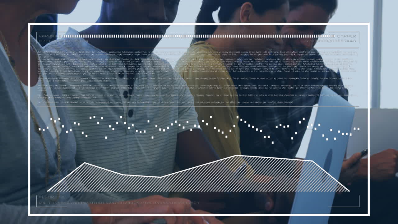 Animation of graphs, loading bars, data over diverse coworkers sharing ideas using laptop in office