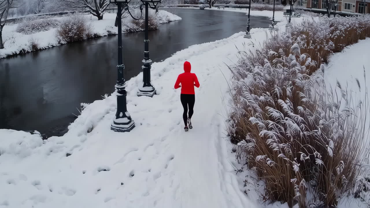Woman Running in Snowy Park