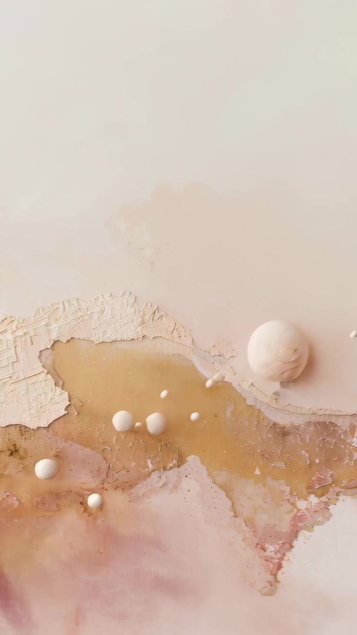 Video verticale: Perline color crema-beige che si formano e rotolano attraversando intonaco ocra su una panca, lasciando goccioline