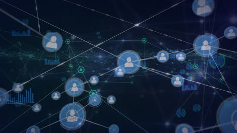 animation of glowing network of connections and profile icons against blue background