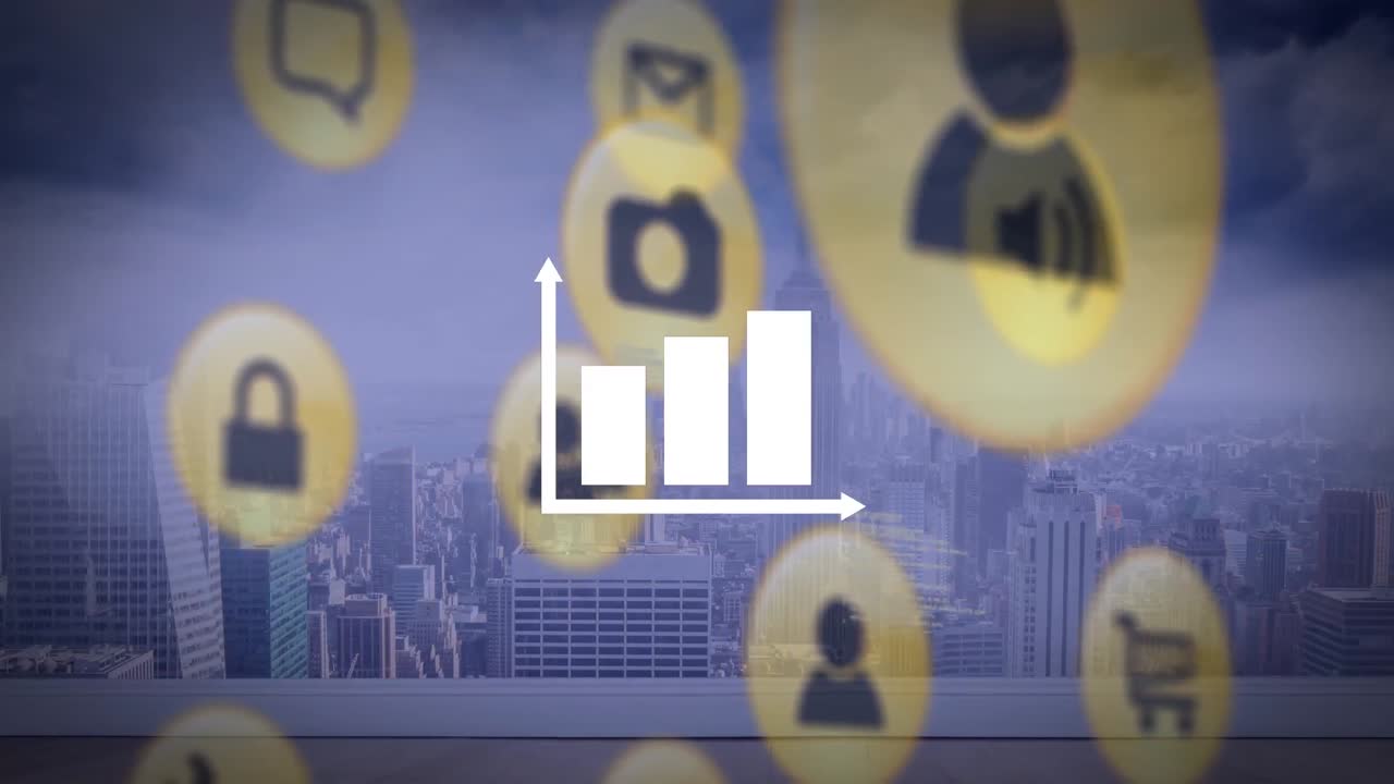 도시 풍경 위의 데이터 처리와 함께 아이콘의 애니메이션