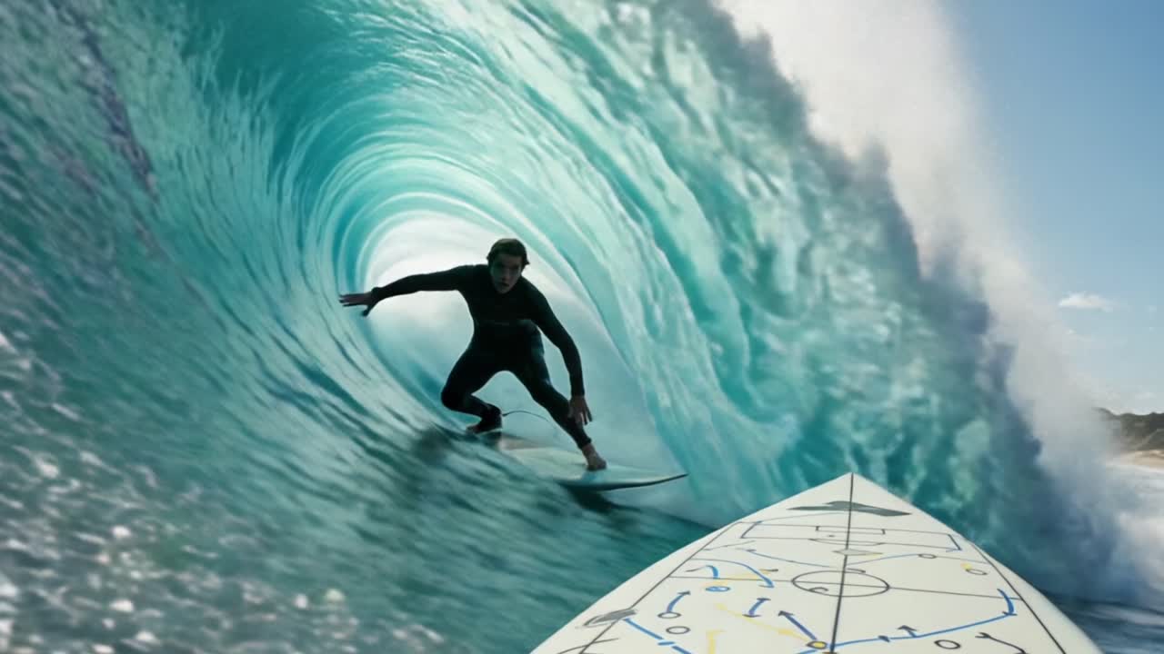 Emozionante avventura di surf: un surfista cavalca l'onda enorme in una straordinaria dimostrazione di abilità e coraggio, catturando l'essenza degli sport oceanici