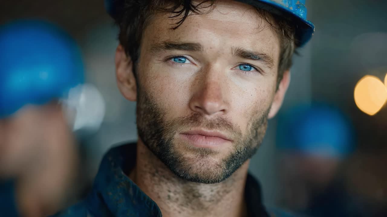 Focused Construction Worker with Blue Eyes in Safety Gear, Capturing the Essence of Dedication and Professionalism on the Job Site