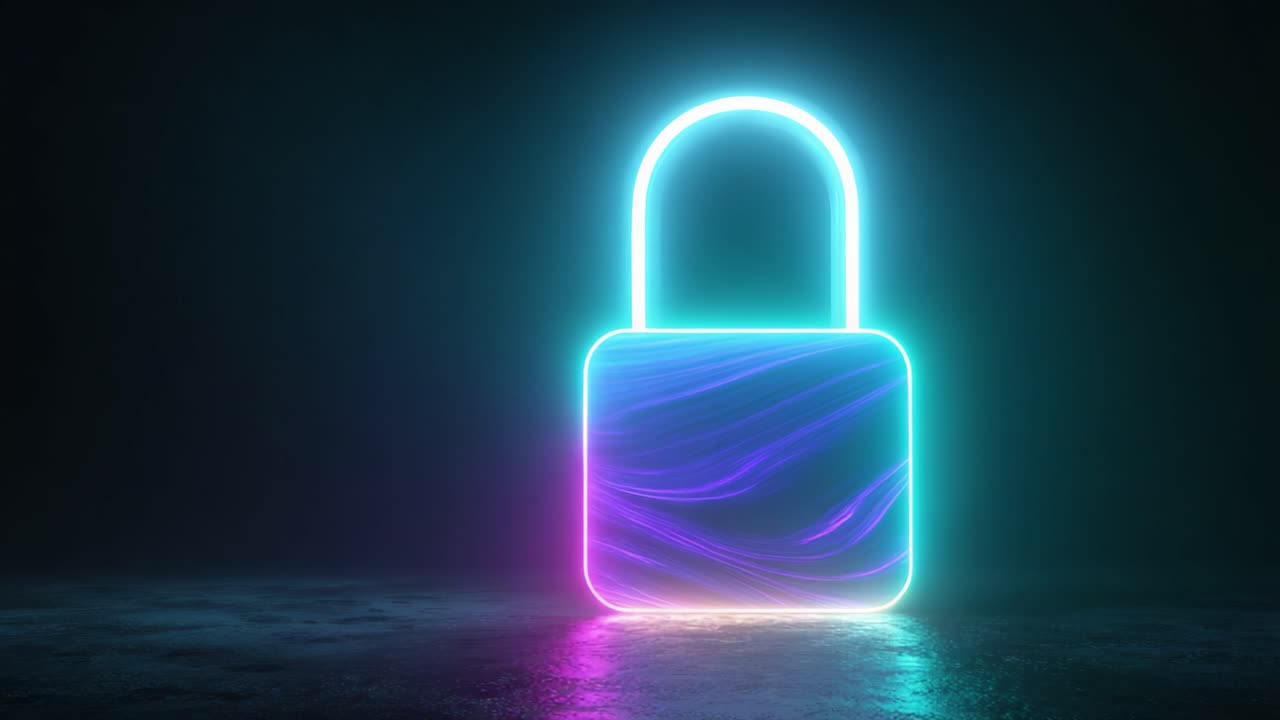 A Vibrant Neon Lock Symbolizing Security and Protection in a Futuristic Environment with Glowing Colors Creating an Enigmatic Atmosphere