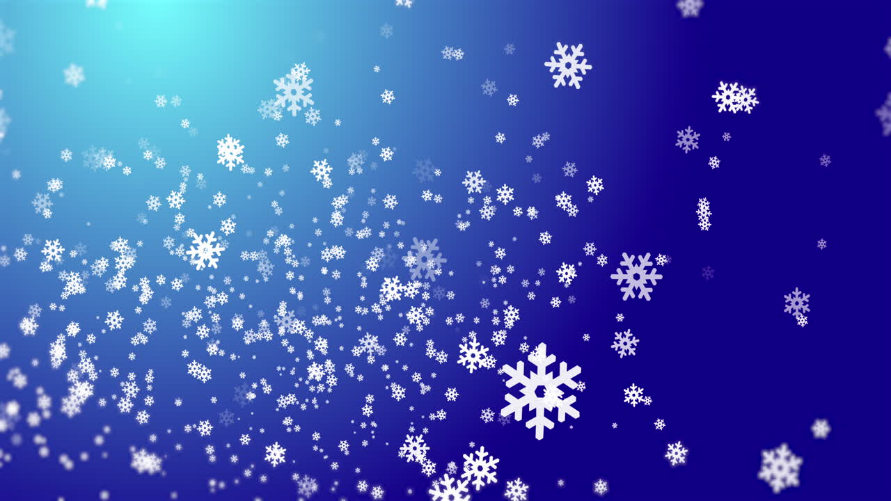 Digital animation of snowflakes falling icon against spot of light on blue background