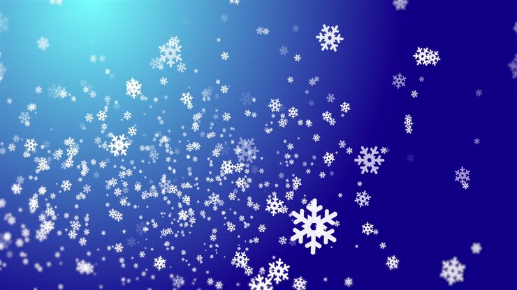 Digital animation of snowflakes falling icon against spot of light on blue background