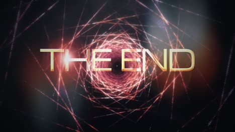 the end cinematic trailer title. the end golden text with abstract science technology, grunge sci-fi hi-tech wire mesh frame background concept. 4k 3d seamless loop ending cover for title trailer.