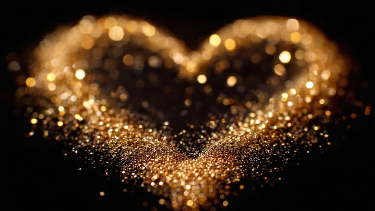 Un Incantevole Spettacolo di Scintille Dorate Che Formano una Forma di Cuore su uno Sfondo Scuro, Simboleggiando Amore, Celebrazione ed Emozione in una Composizione Artistica Ipnotizzante