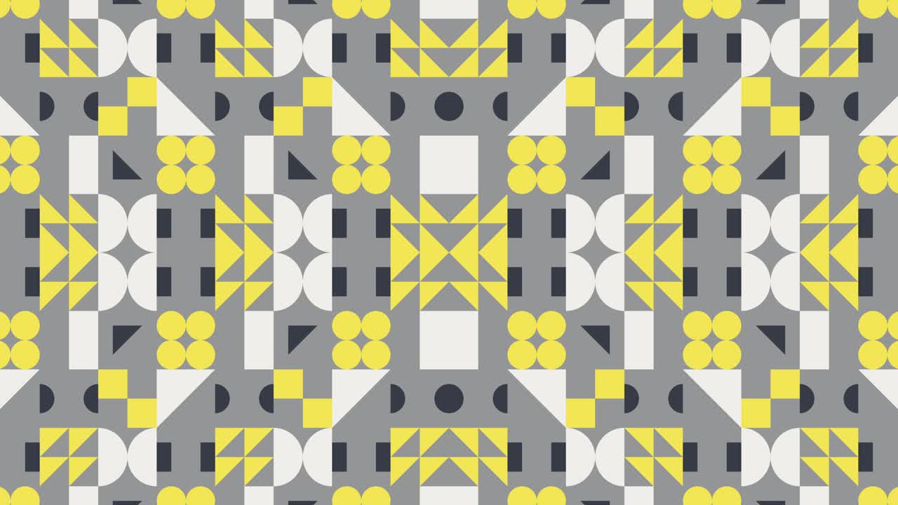 mosaico gráfico de movimiento de bucle sin costuras en colores amarillos y grises de moda. patrón simétrico con azulejos animados geométricos