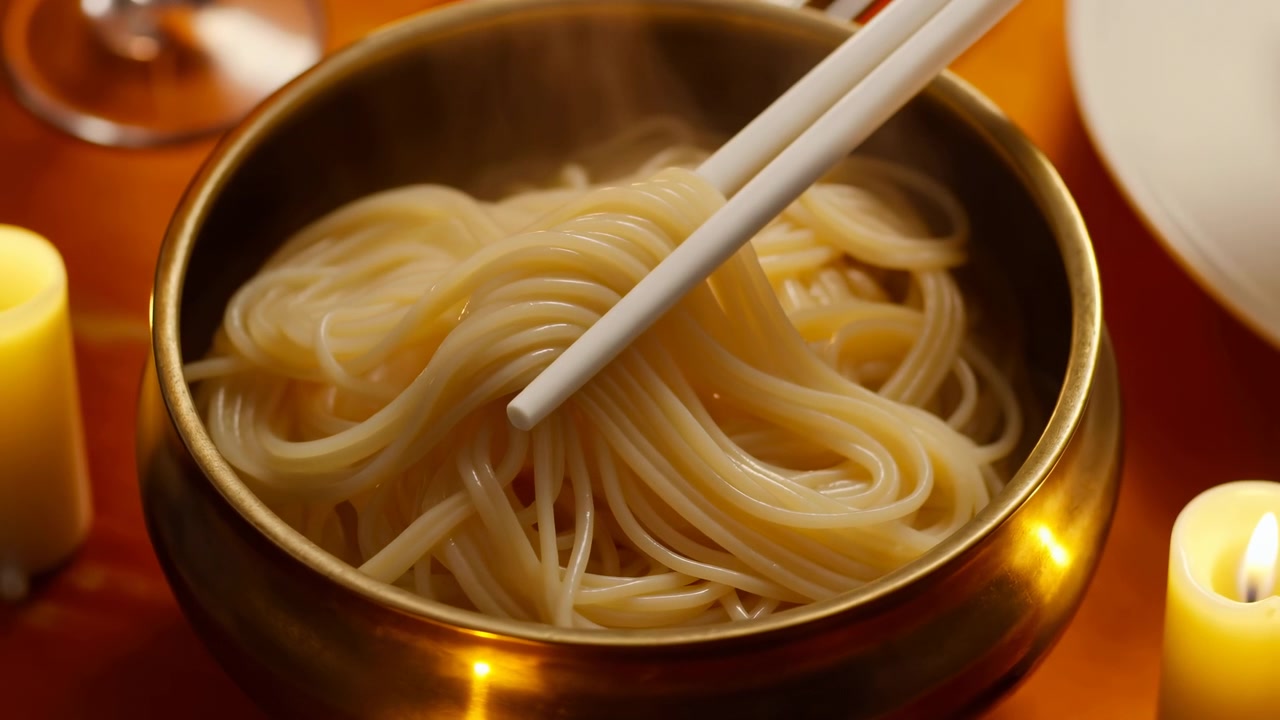 Bacchette bianche che sollevano noodles lucidi e chiari da una ciotola dorata riflettente, con vapore visibile, una leggera tensione tra i fili, calda luce di candela, riflessi morbidi e un'atmosfera da pranzo invitante