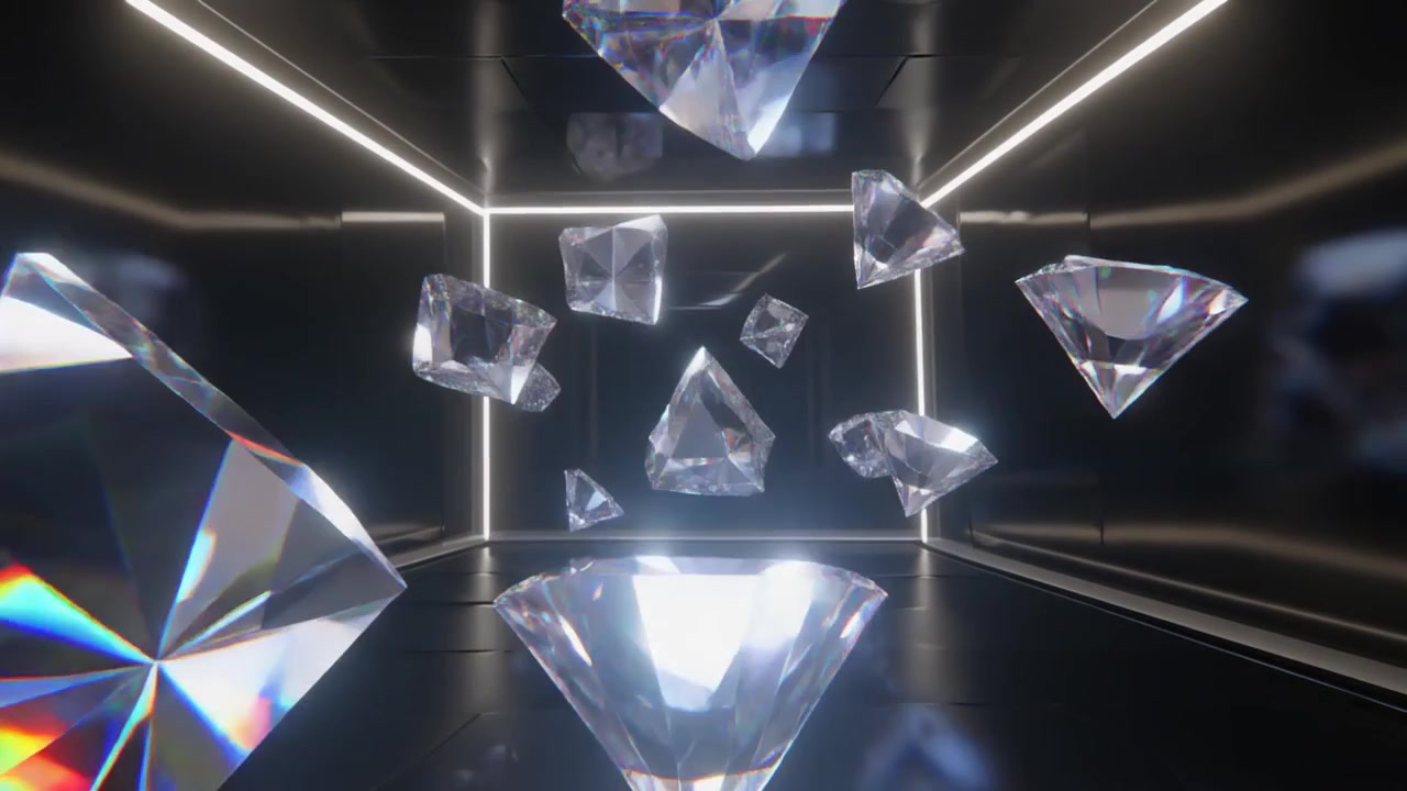 Diamanti fluttuanti in un corridoio scuro, futuristico e riflettente