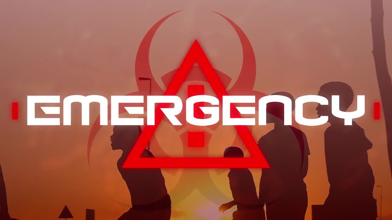 코로나바이러스 코로나19를 배경으로  ⁇ 고 있는 사람들의 그림자가 있는 긴급 상황 단어의 애니메이션