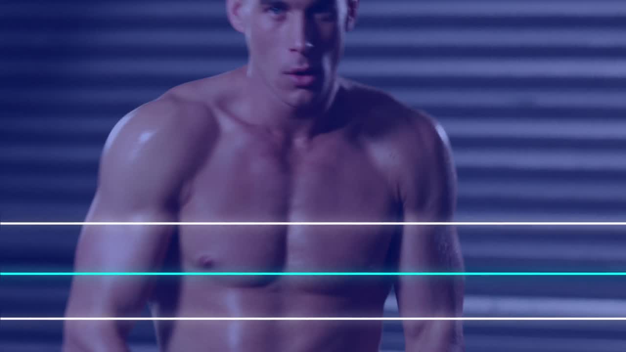 Animazione di linee al neon blu e bianche su un pugile uomo caucasico che si riscalda.