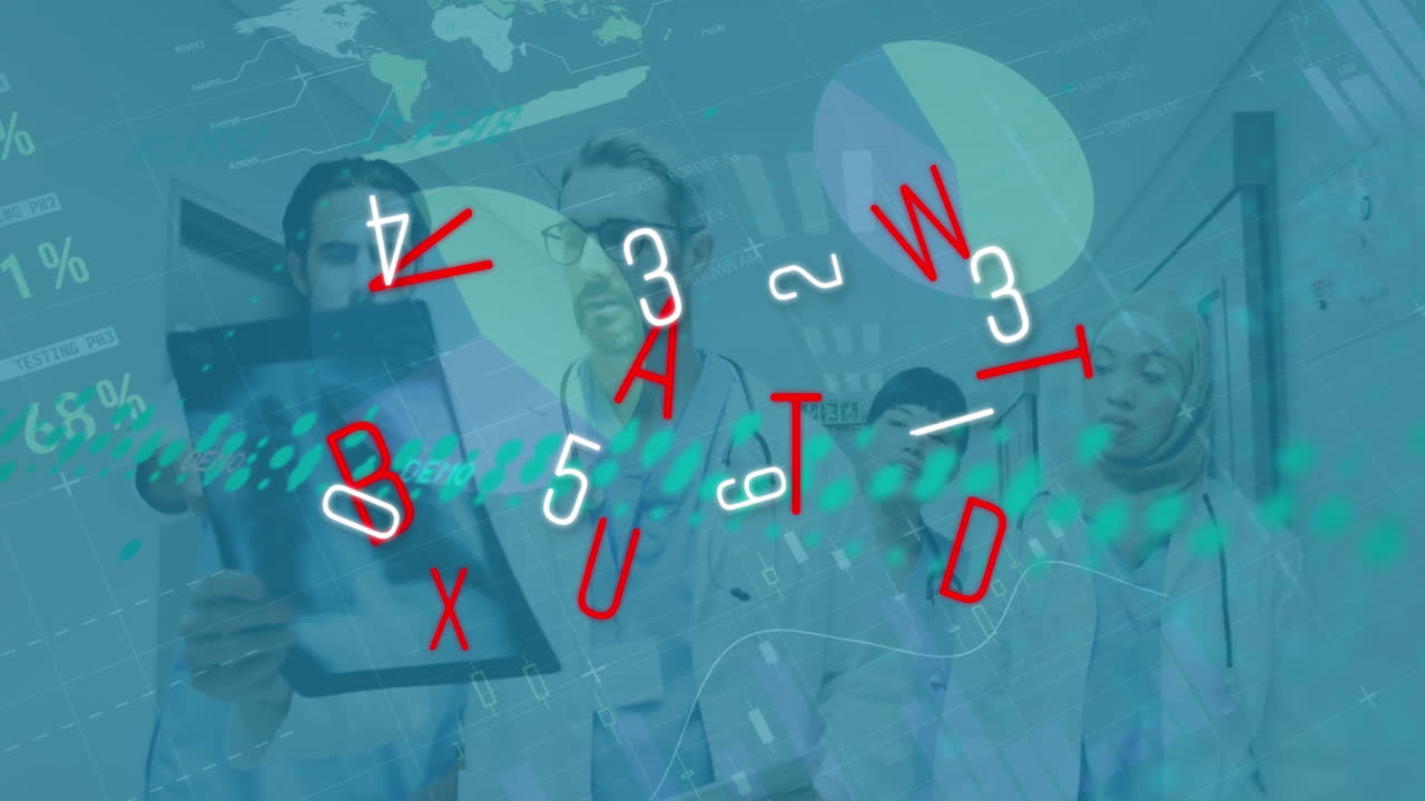 다양한 의사들이 걸어가는 데이터 처리의 애니메이션