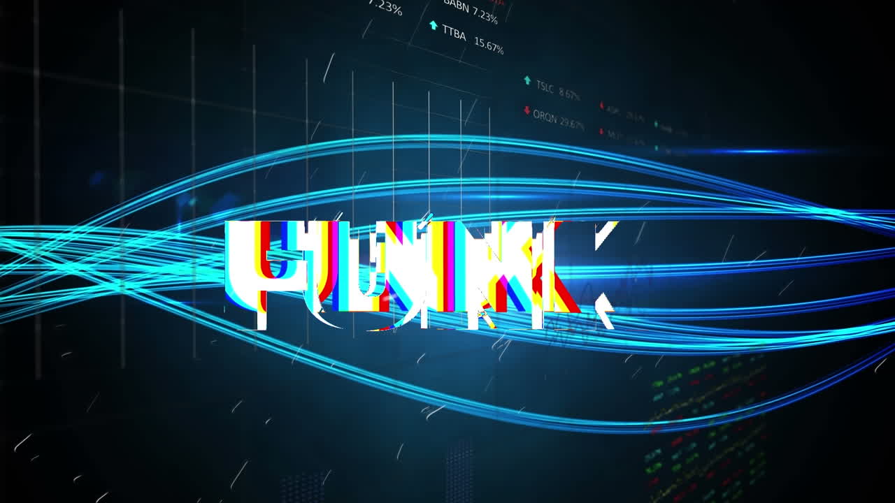 Animation of funk text and data processing on black background