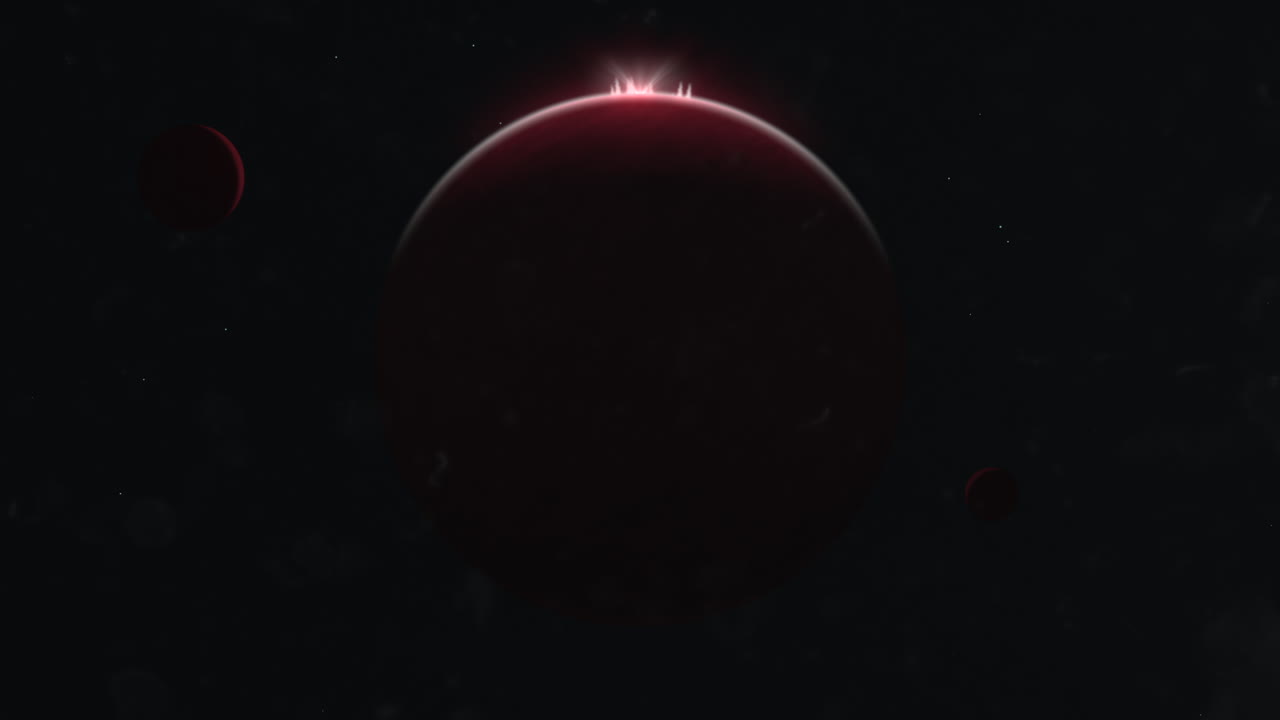 Big planet with red flash of star in galaxy