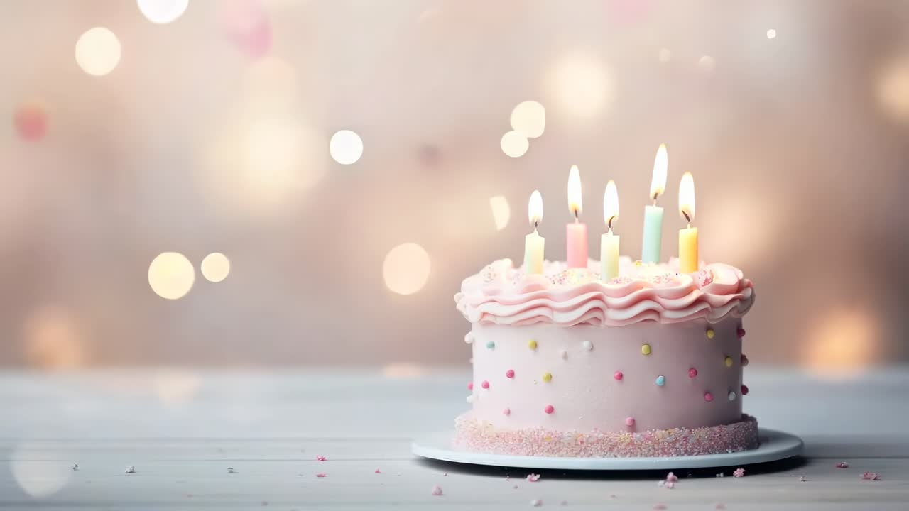 A close-up video of a pastel pink birthday cake with lit candles