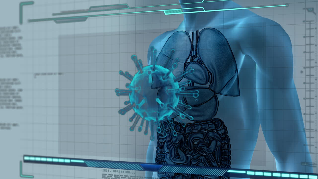 animación de células de virus sobre el modelo del cuerpo humano