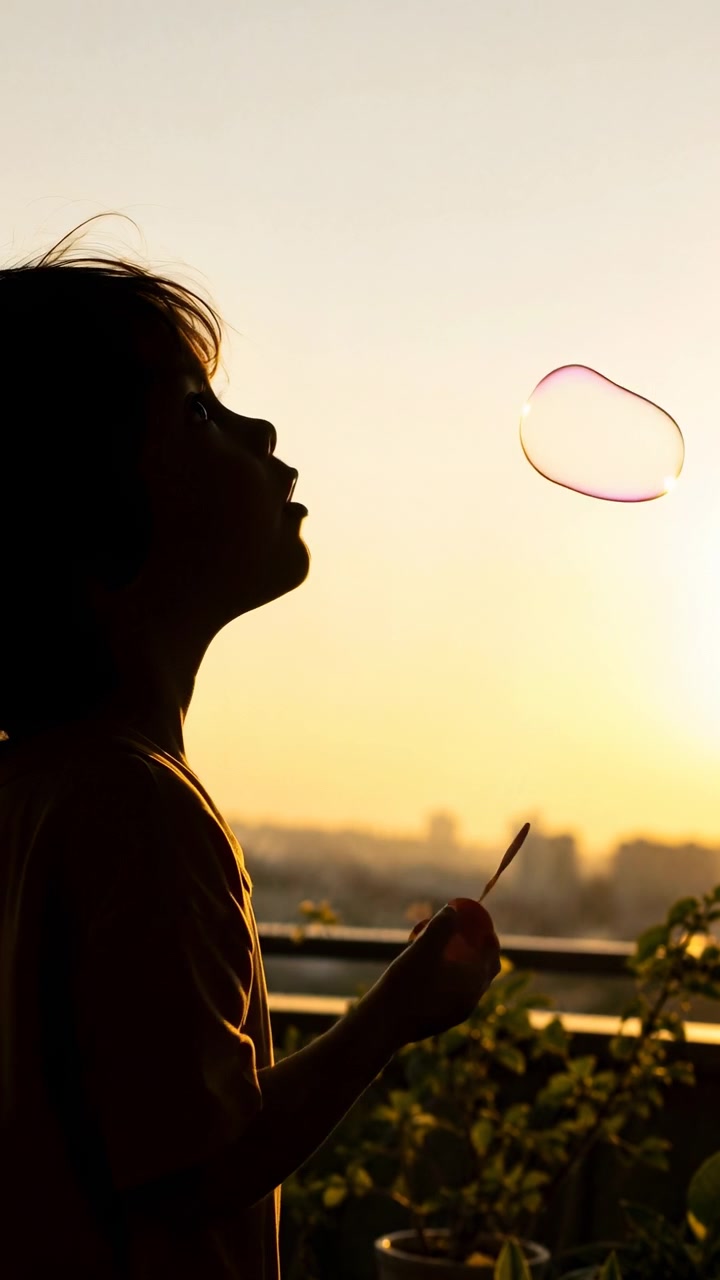 Una persona in silhouette tiene una bacchetta per bolle mentre una piccola bolla di sapone sale verso l'alto nella luce dorata della sera, con piante da balcone e un orizzonte cittadino sfocato che creano una composizione esterna a strati e toni caldi.