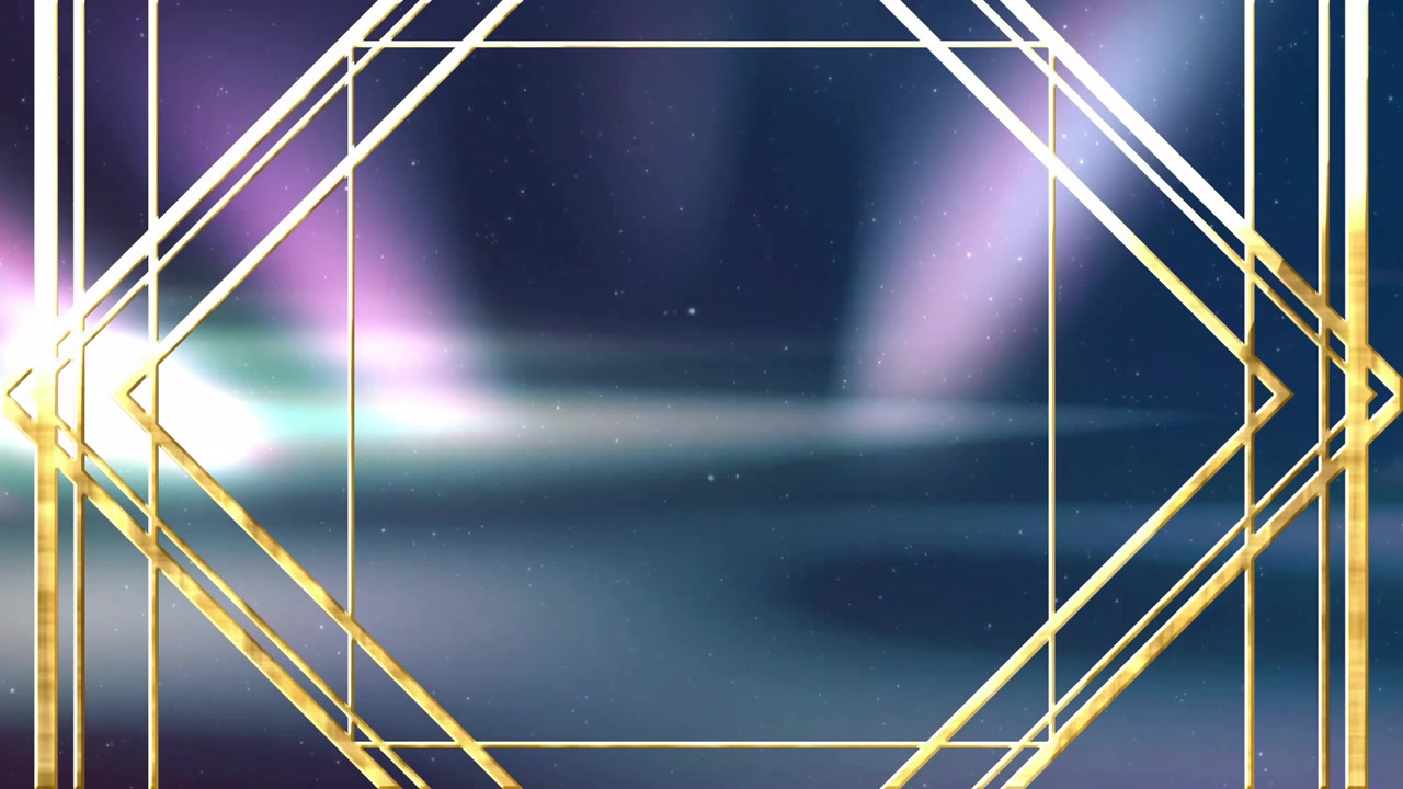 Cadre géométrique art déco en or métallique flottant au-dessus d'un champ d'étoiles, avec des traînées lumineuses d'aurore violette