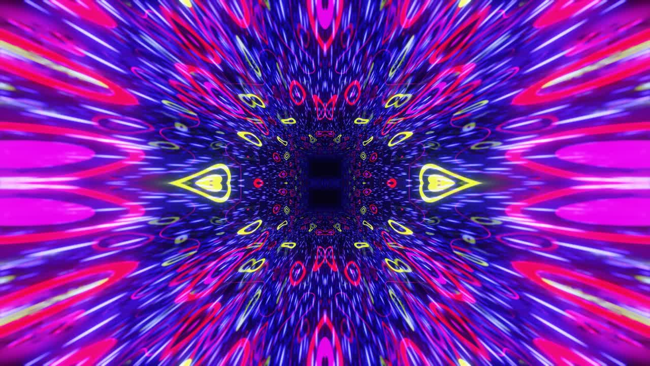animación en bucle sin costuras de 4k. vuela a través de un túnel simétrico de espejo con patrón de neón, patrón de brillo de ciencia ficción. luz de neón de reflexión brillante. fondo brillante simple, estructura de ciencia ficción