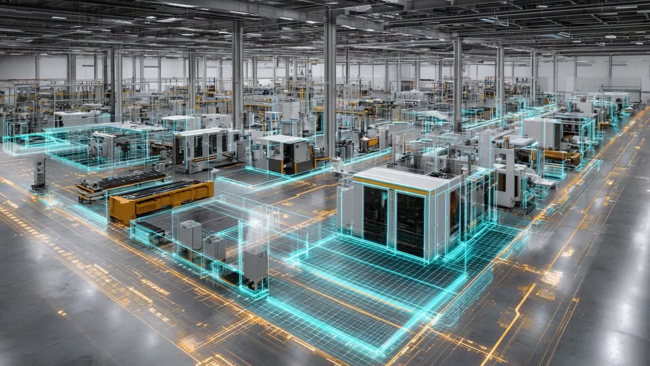 A High-Tech Industrial Facility Featuring Advanced Automated Machinery and Digital Network Grid Layout Showcasing the Future of Manufacturing and Robotics in a Modern Factory Setting