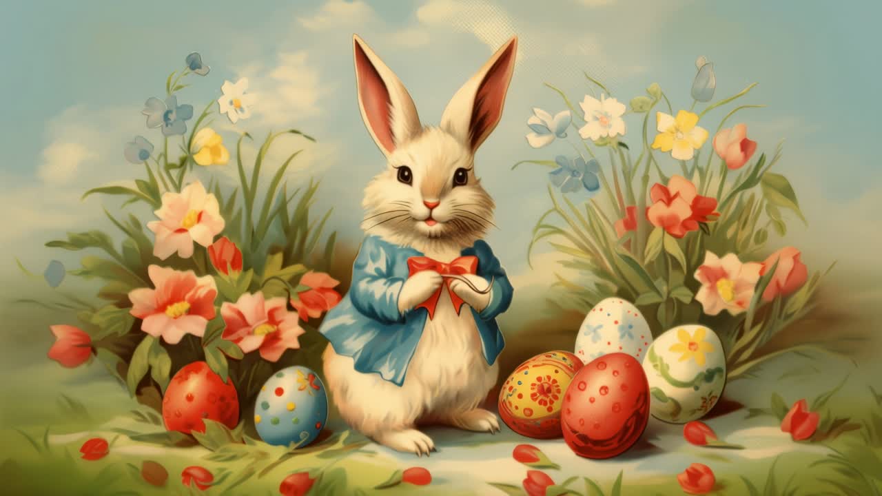 Charming video of a bunny in a blue coat with Easter eggs, shot from a front angle