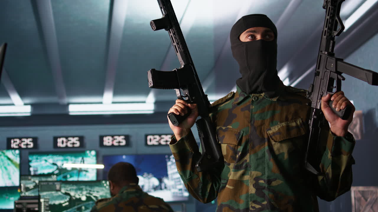 fuerzas rebeldes insurgentes con armas en base oculta