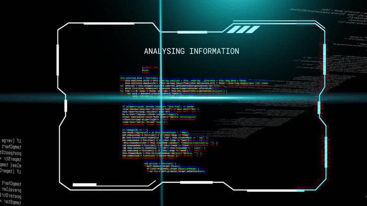 Animation of blue scanner beams over analysing information text and processing data on black