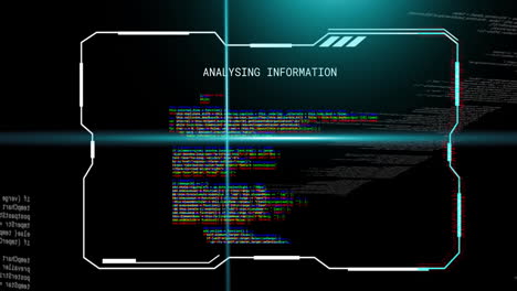 Animation of blue scanner beams over analysing information text and processing data on black