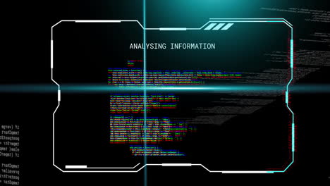 animation of blue scanner beams over analysing information text and processing data on black