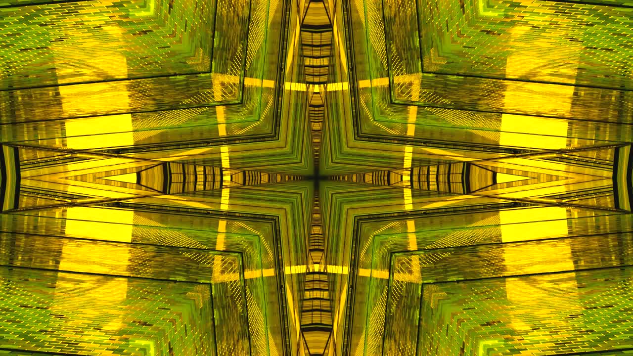 This seamless looping video features a vibrant tunnel design with striking yellow and green patterns. The motion creates an immersive atmosphere perfect for art displays or ambient screensavers