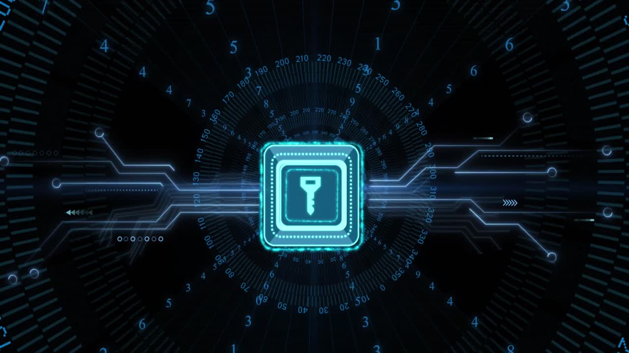 animación del procesamiento de datos y el icono de la tecla en fondo negro