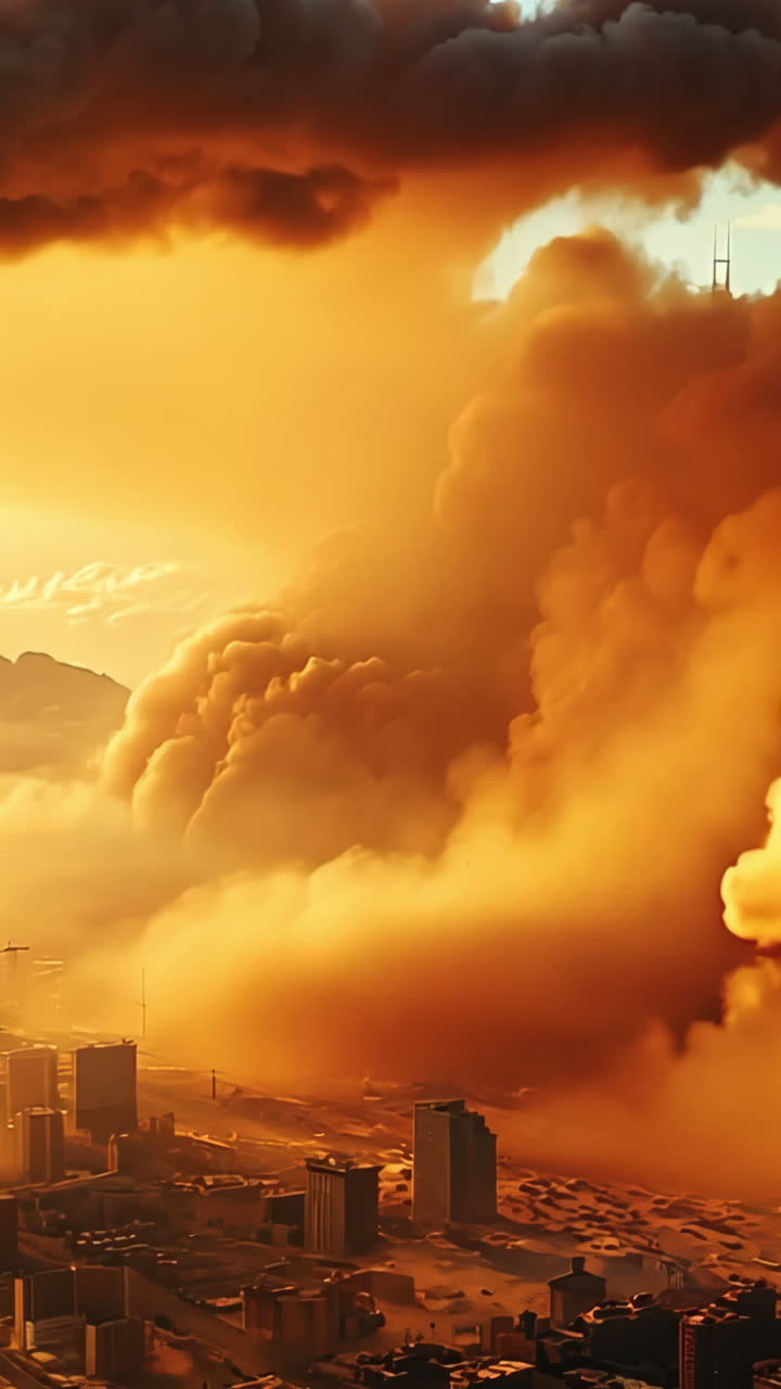 A city is covered in a thick layer of dust and ash. The sky is hazy and the sun is setting. The scene is chaotic and apocalyptic