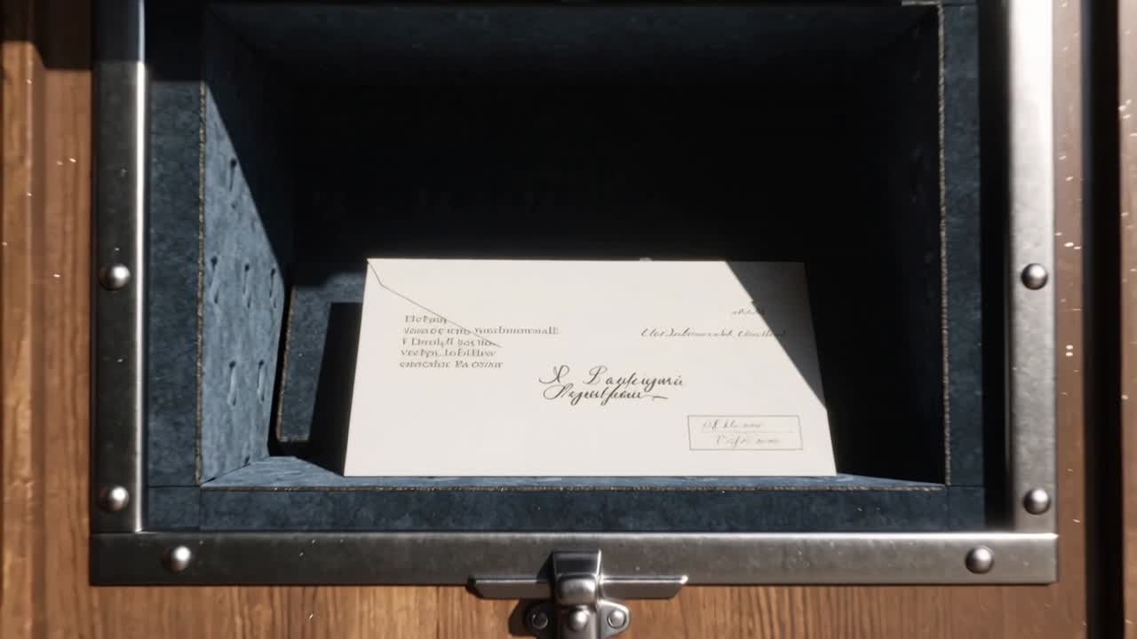Revealing metal compartment, camera pulling back by outdoor drop box, showing cream envelope