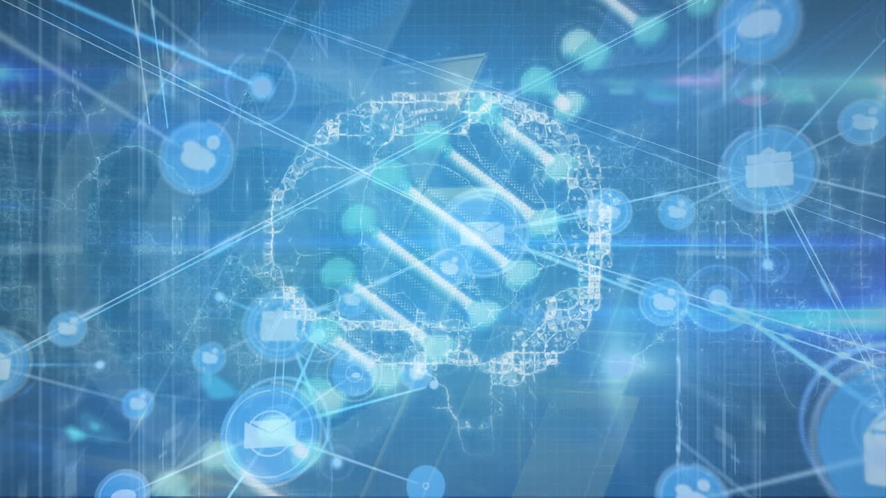 아이콘과 연결 네트워크를 통해 dna 스트랜드와 디지털 뇌의 애니메이션
