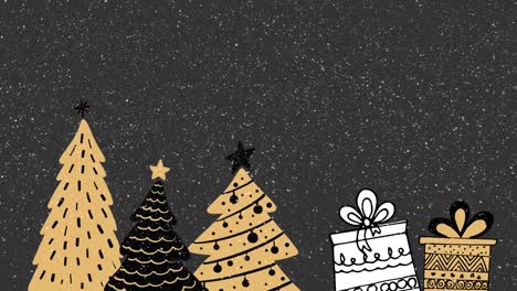 animation of snow falling over christmas trees and presents on black background