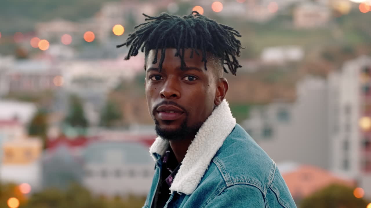 viaje, sonrisa y rostro de hombre negro en la ciudad