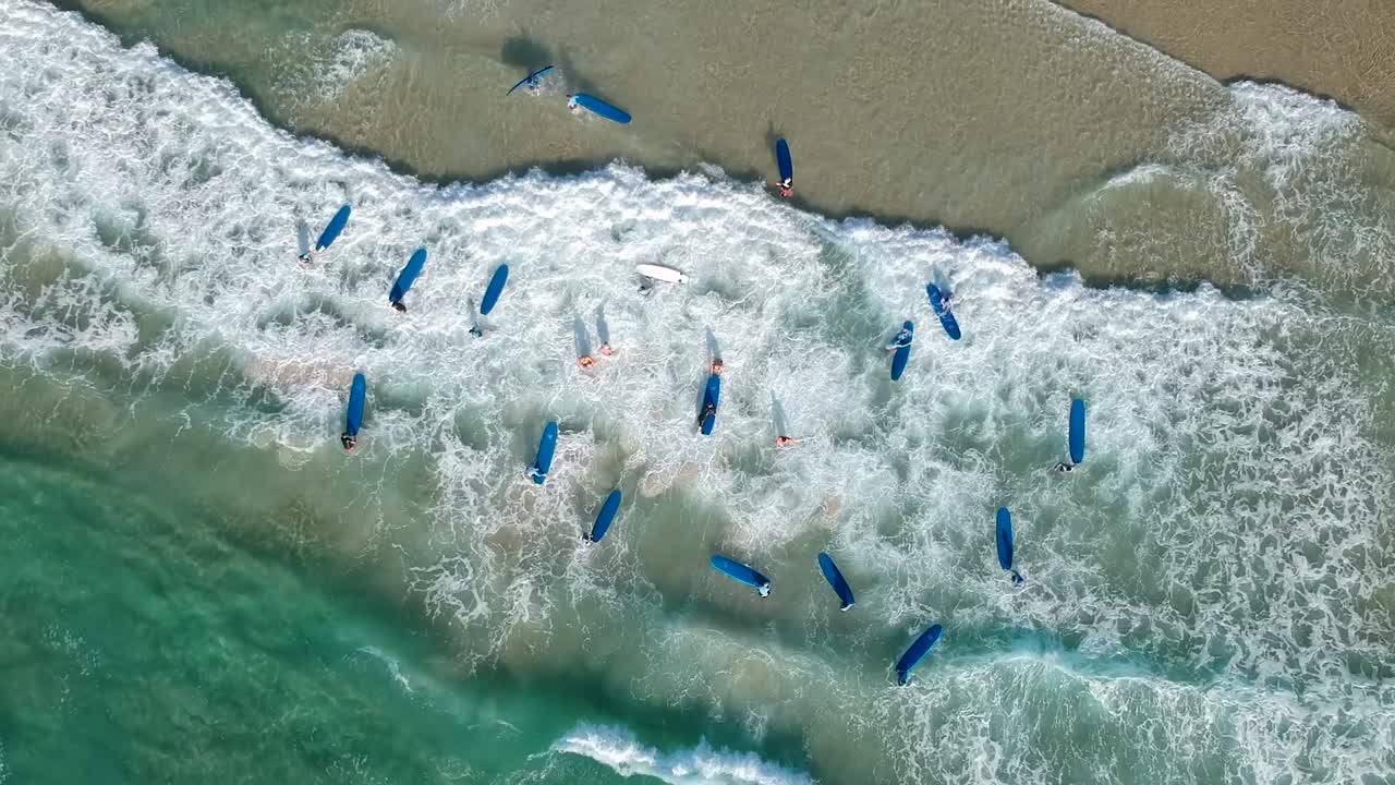 video aéreo de un grupo de surfistas en tablas azules divirtiéndose en el surf