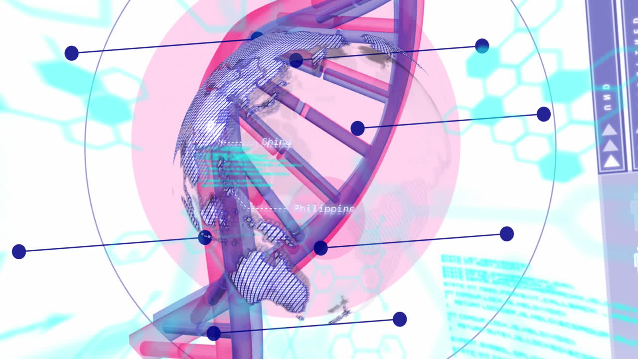 데이터 처리 및 회전하는 지구가 회전하는 dna 및 화학 구조에 대한 애니메이션