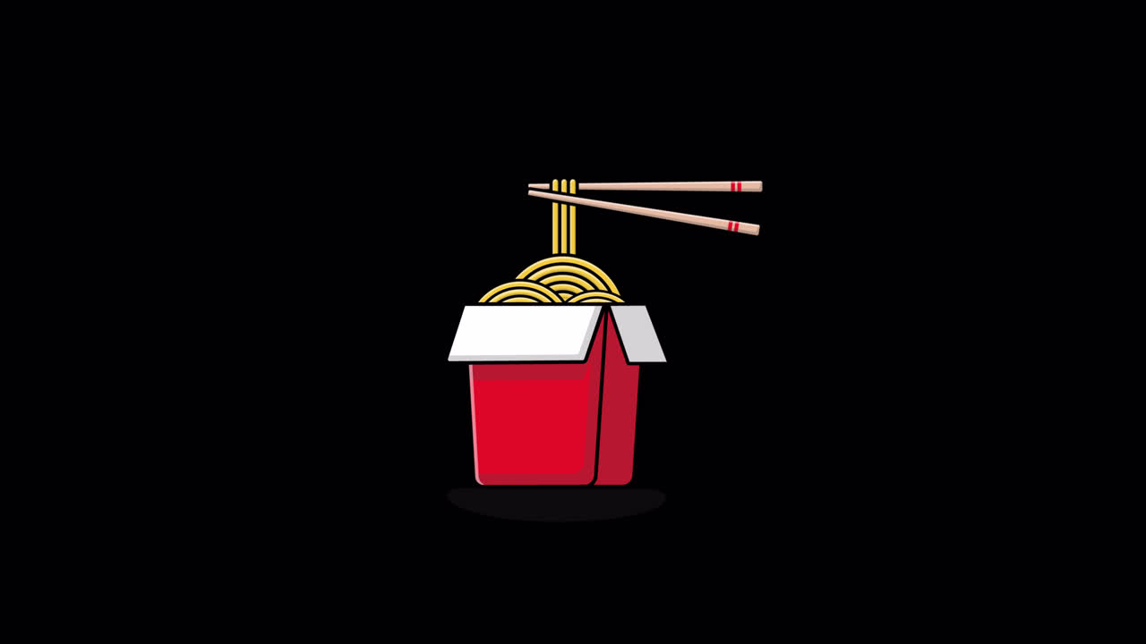 Illustrazione animata di noodles in una scatola da asporto con bacchette