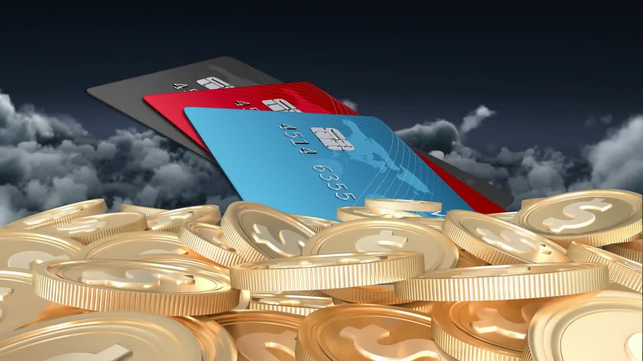 신용 카드 위에 금 달러 동전의 애니메이션