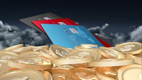 Animation-of-gold-dollar-coins-over-credit-cards