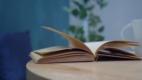 open book and coffee mug on a table