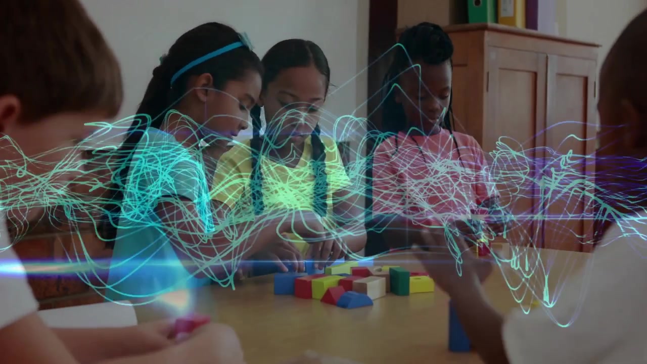 Children responding to neon waveforms animating around classroom table, sorting blocks into towers