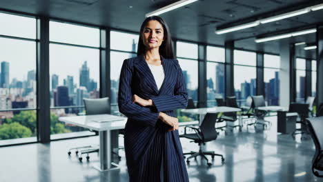 professional businesswoman posing and gesturing in a modern office